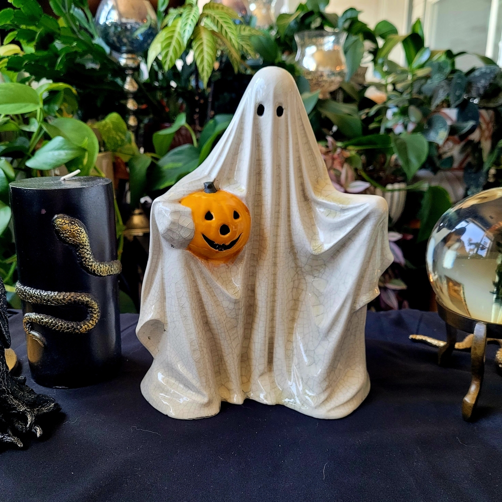 1970s Vintage Spooky Ceramic Ghost with Pumpkin Decor